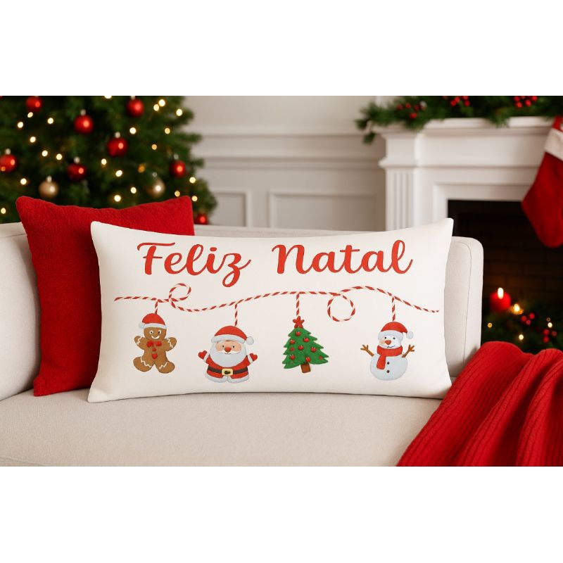 CAPA DE ALMOFADA BAGUETE 30X50 FELIZ NATAL TECIDO SUEDE  PAPAI NOEL