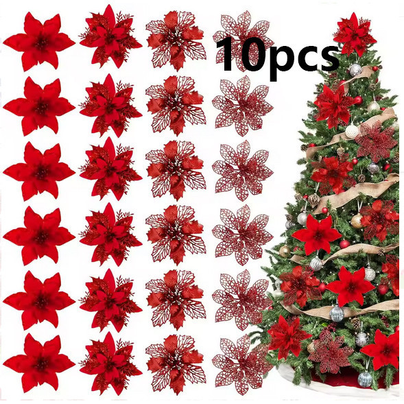 Kit com 10 Flores Poinsétias De Natal Glitter Com