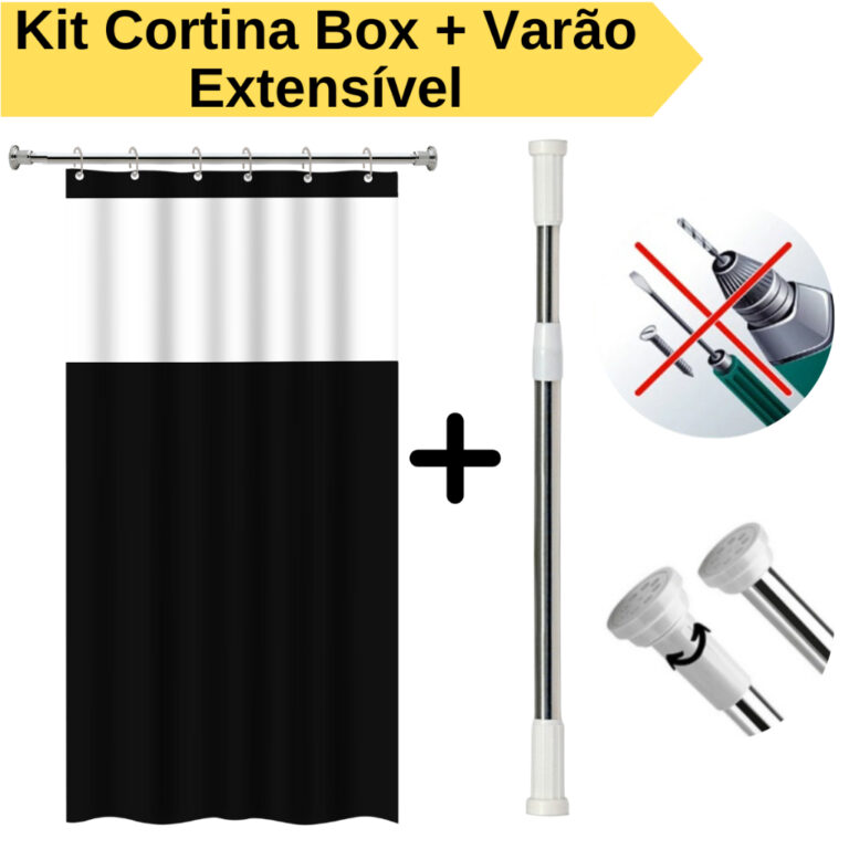Kit Cortina Box Banheiro + Varão Suporte Extensiv