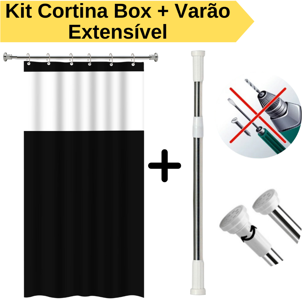 Kit Cortina Box Banheiro + Varão Suporte Extensivel Anti Mofo Com Ganchos Varias Cores