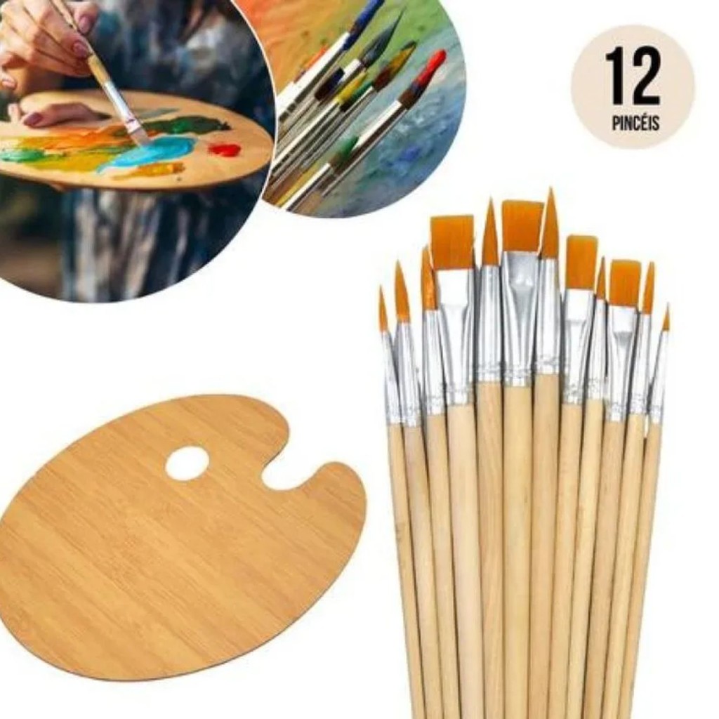 Kit 12 Pincéis Artesanato Pintura Pontas Fina e Chata e Paleta