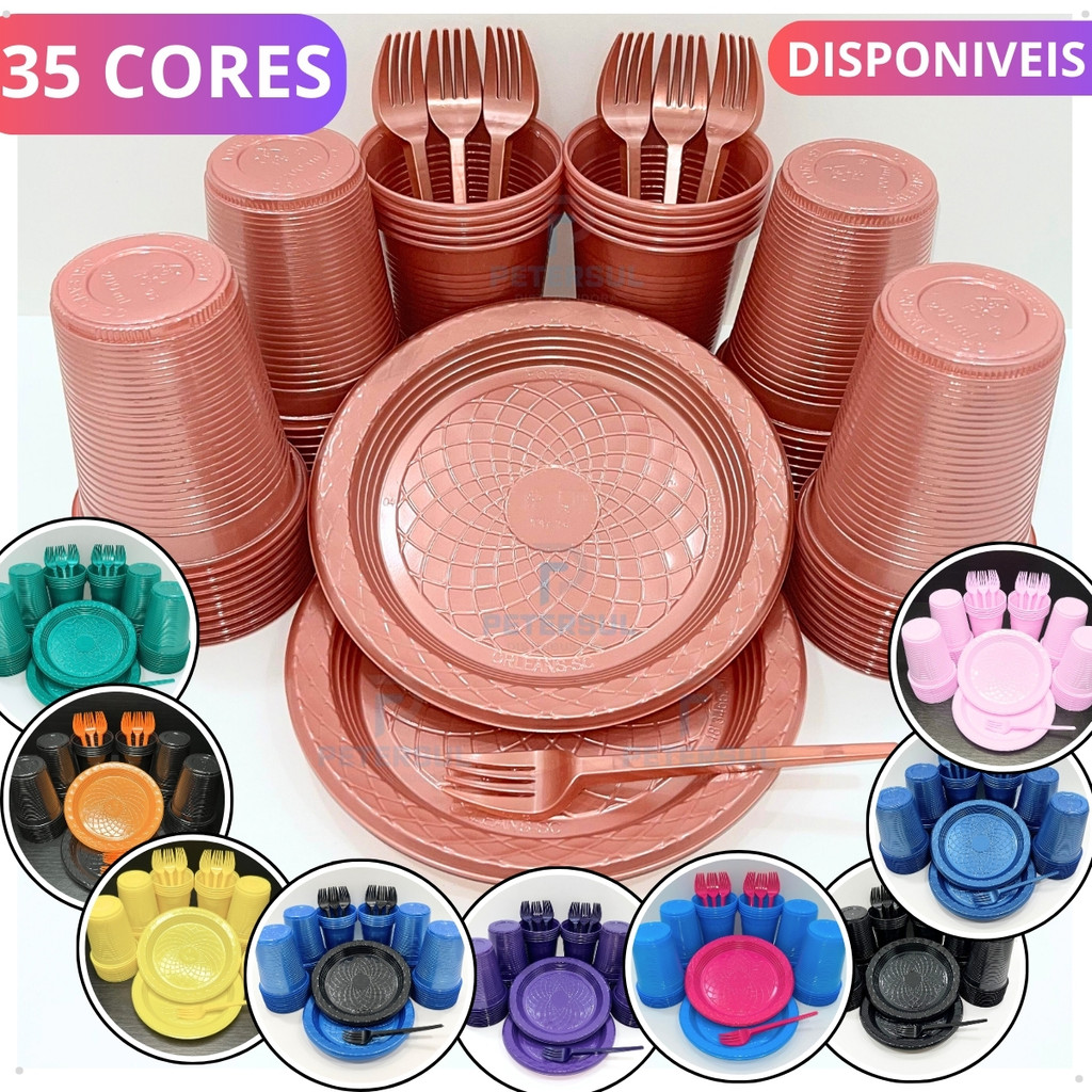 Kit 300 Itens Festa Aniversário Descartáveis Plástico Colorido Perolado 100 Pessoas Completo Pratinh