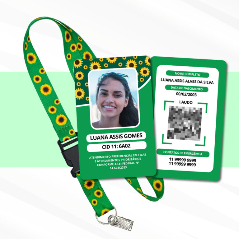 Kit Cordão + Crachá PVC Girassol com Laudo em Qr