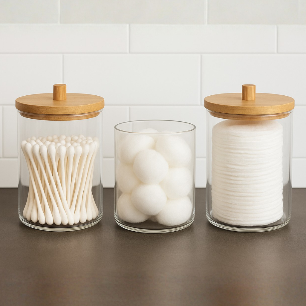 Potes de Acrílico com Tampa de Bambu Ideal para Cotonetes e Algodão