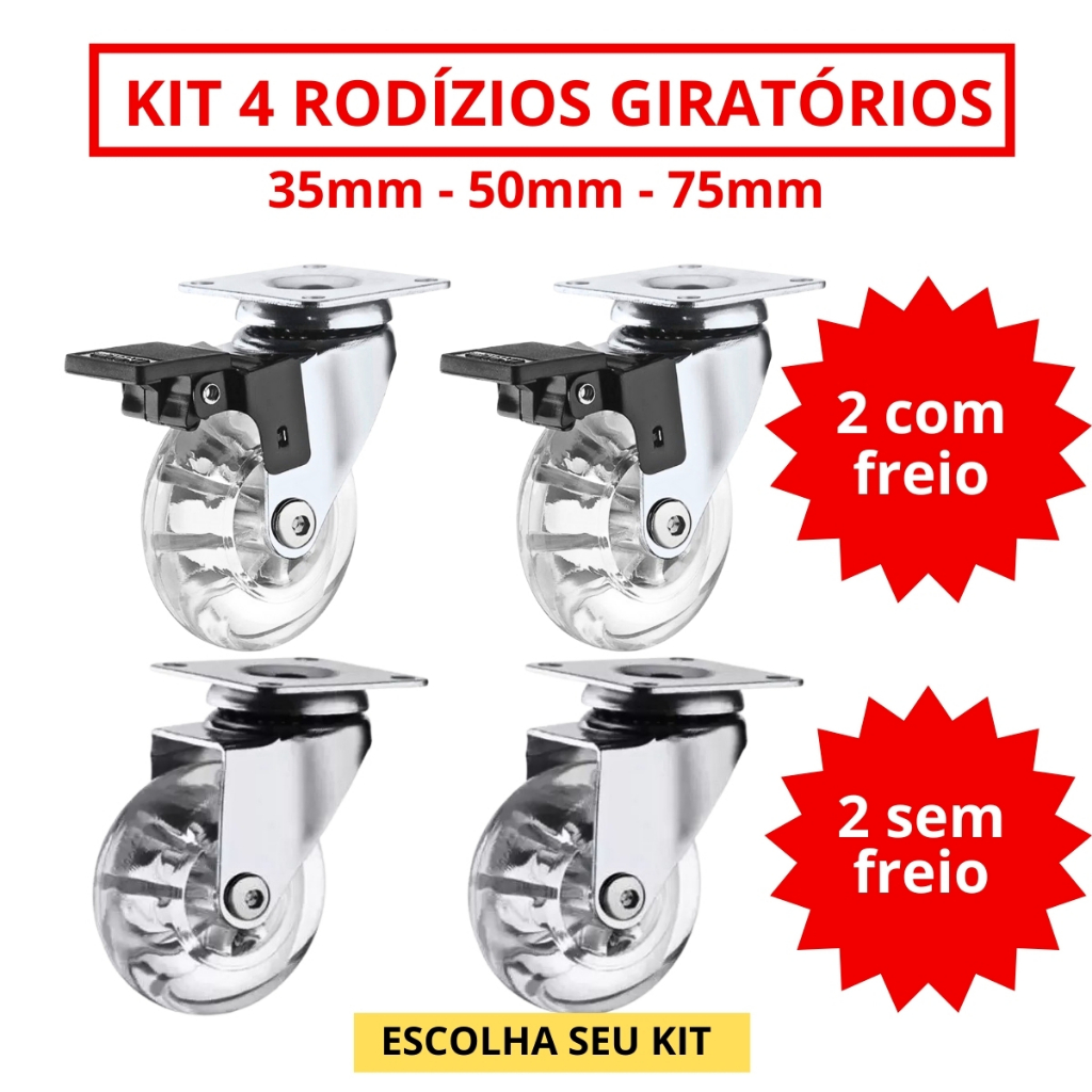 Kit 4 Rodizio Giratório Gel Rodinha Silicone 2 Com Trava 2 Sem Trava – 35mm 50mm