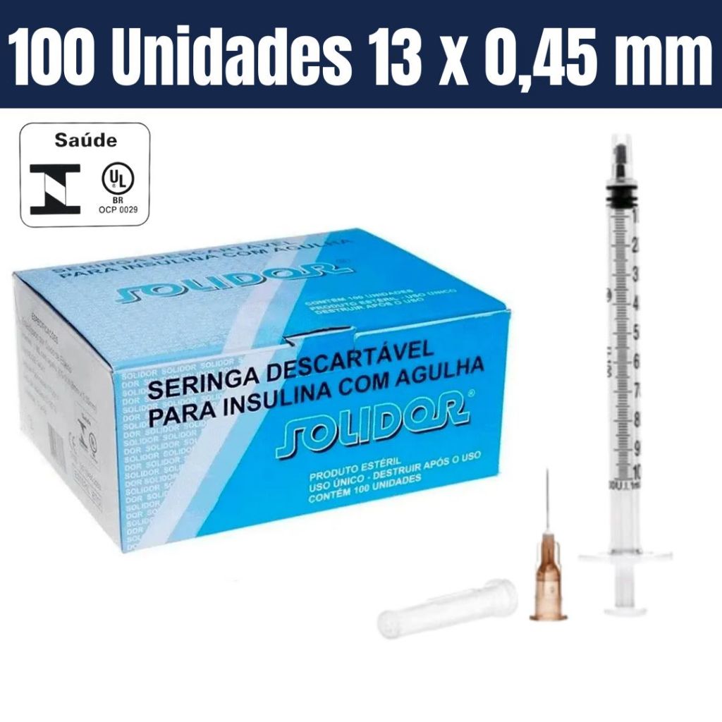 Seringa Para Insulina 1ml COM AGULHA Solidor 13×0,45mm 26G 100 Unidades