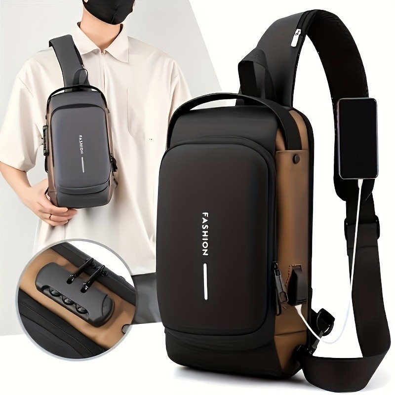 Mochila de Ombro Transversal Compacta Unilateral USB Trava de Código Á prova dágua