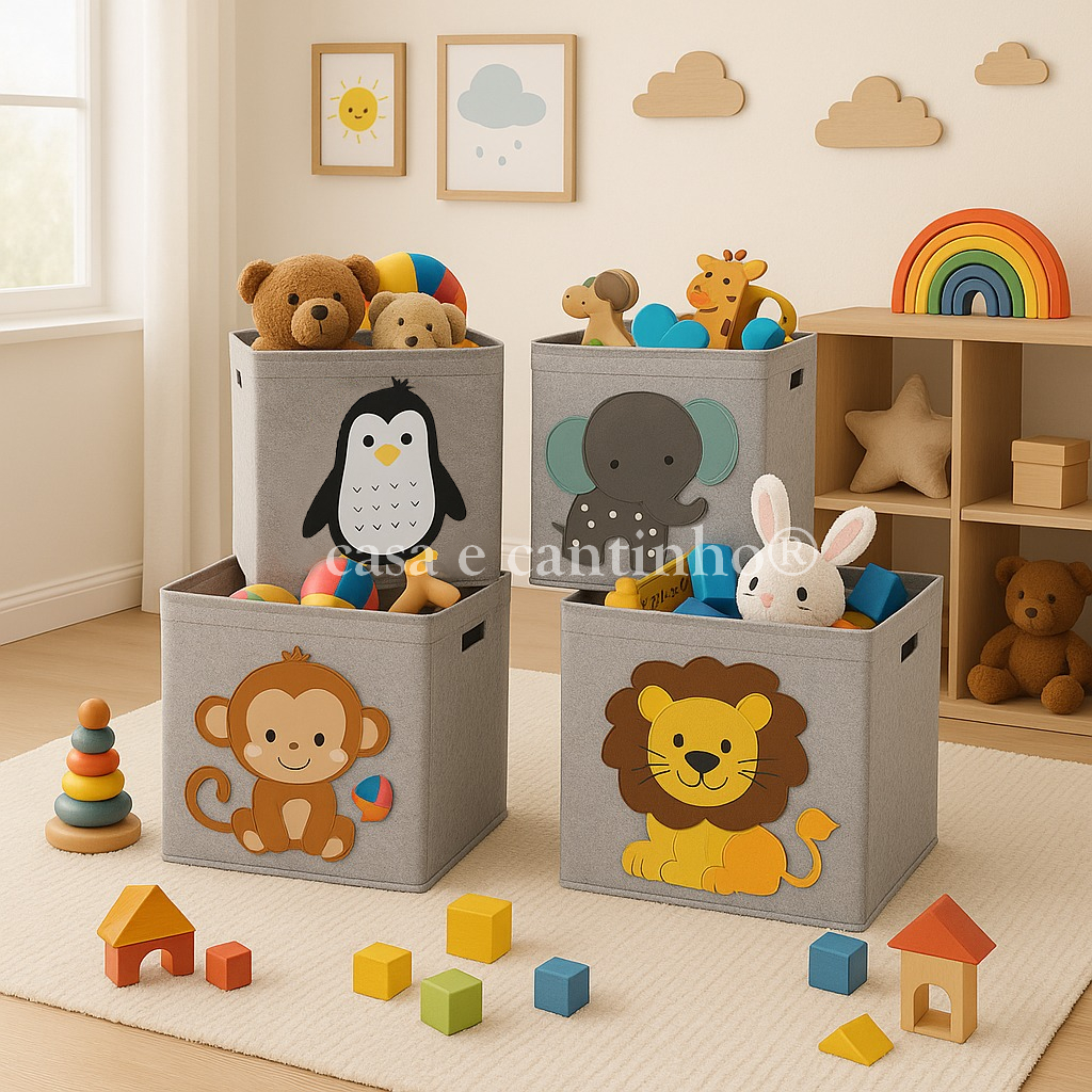 Caixa Organizadora Dobrável Feltro 35×35 | Cesto para Brinquedos Infantil Estampa Animais Linda Top
