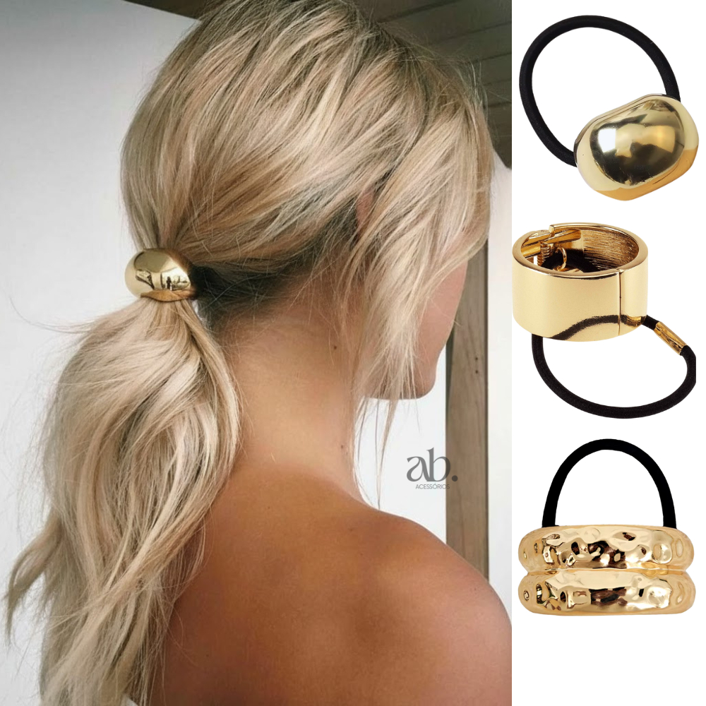 Elástico/Liga de Cabelo Xuxa – Flor Laço Oval Dourado/Prata Metálico Unissex Chic Elegante Prendedor