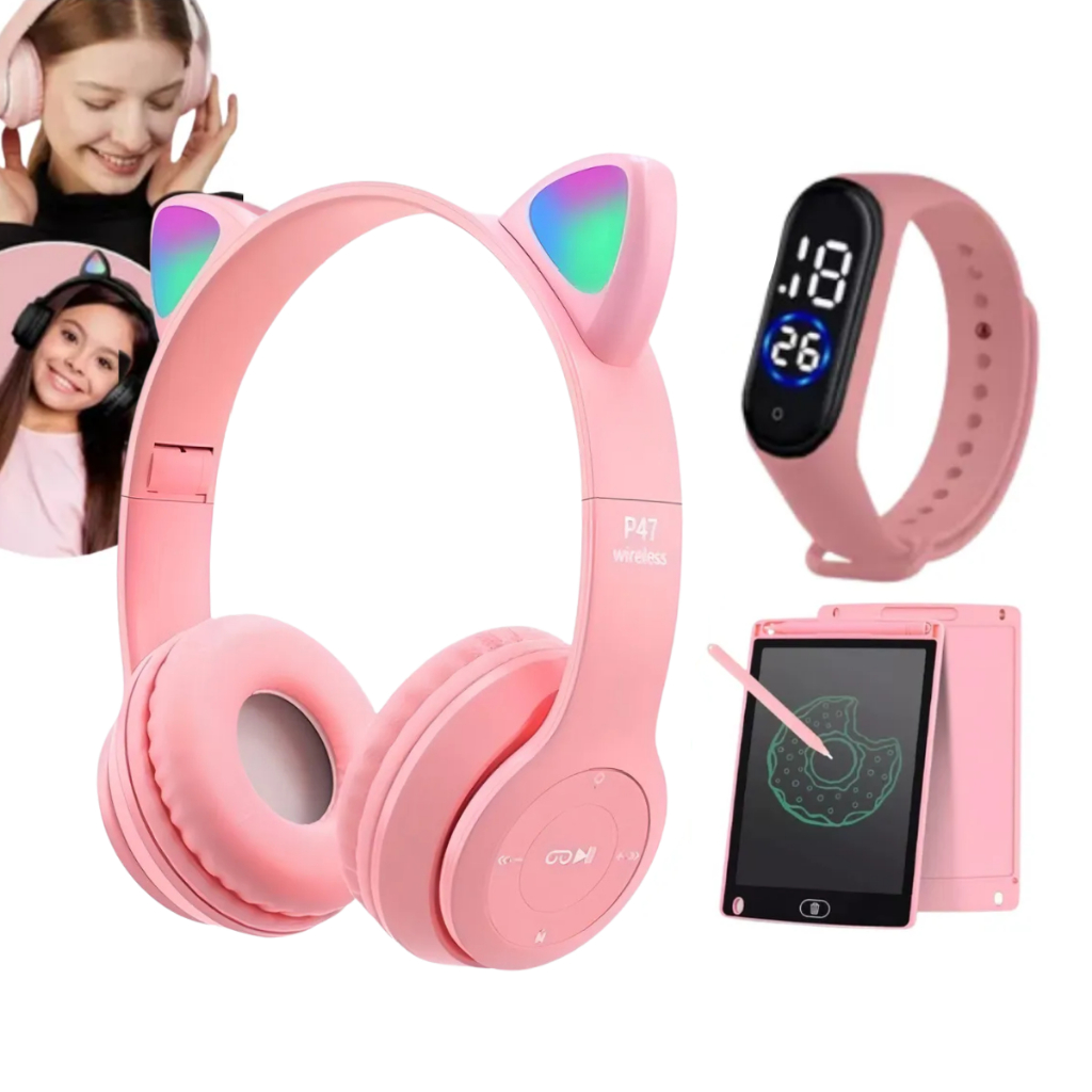 Kit Fone Ouvido Gatinho Bluetooth + relógio Led Infantil a prova d,água + lousa Lousinha Magica Lcd