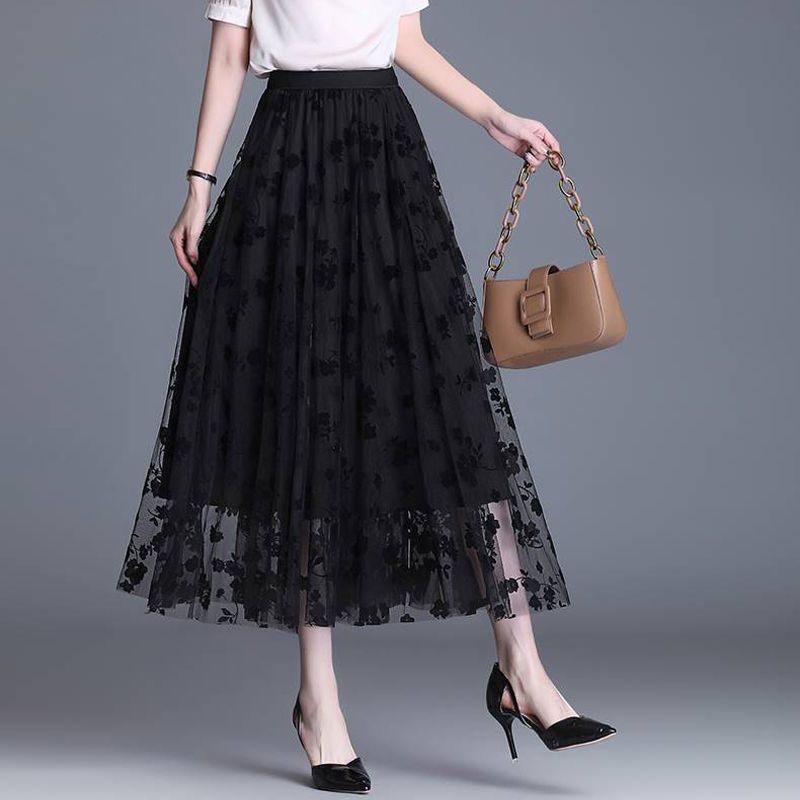 Saia Cintura Tule Para Alta Mid-Calf Longo De Floral Feminina Saias Malha Plissada