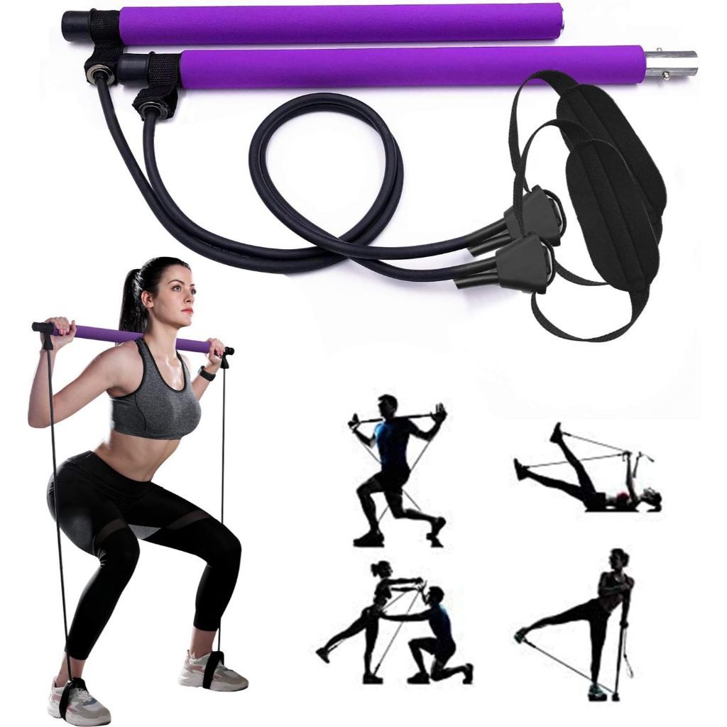 Barra de Pilates Yoga Portatil Com Elasticos Extensor Exercicio Academia TreinoMusculacao