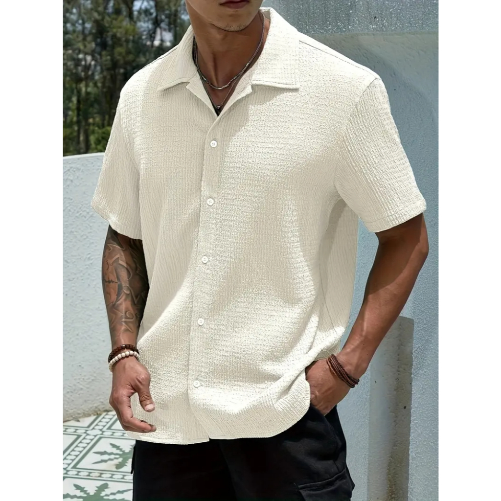 Camisa Masculina Texturizada Com Botões Old Money Estilosa Praia Verão Preto Off White Marrom Verde
