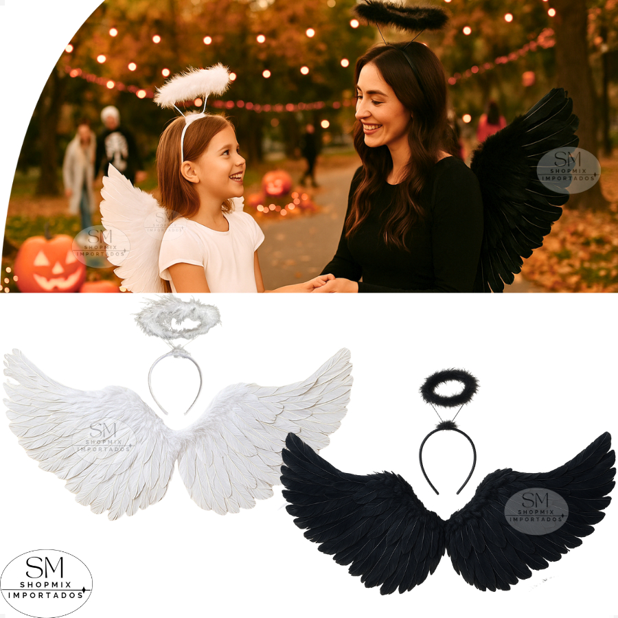 Kit Fantasia Asa Anjo + Tiara Infantil e Adulto Halloween Carnaval Festa Unissex Cosplay