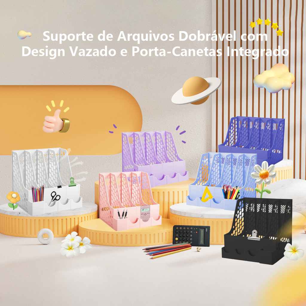 Organizador de Mesa – Porta-Papéis e Livros 3/4 Divisórias + Porta-Trecos – Cores Diversas + Figurin