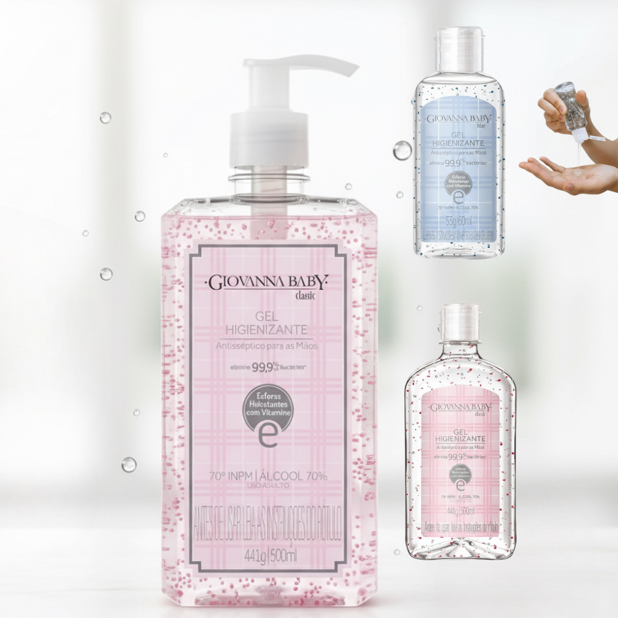 Álcool em Gel Giovanna Baby Classic Blue 500ml 60ml Antisséptico Mãos Hidratação Vitamina Original