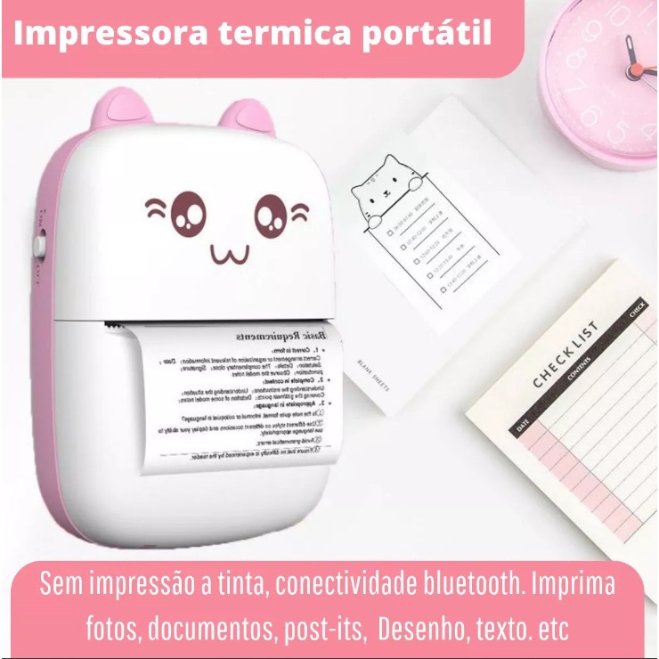 Mini Impressora Portátil Gato Rosa E Azul Térmic