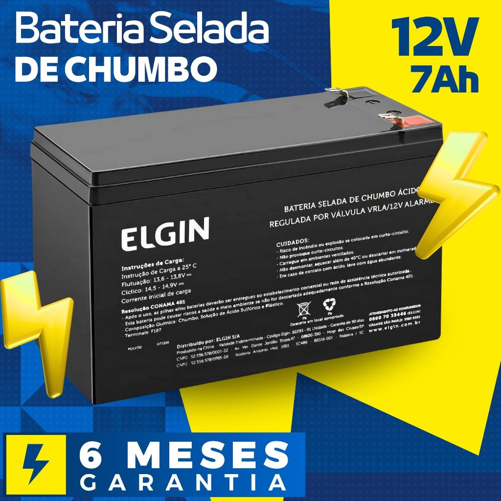 Bateria Selada 12V 7Ah Alta Durabilidade Vrla Elgin Original para Central Cerca Elétrica Nobreak Seg