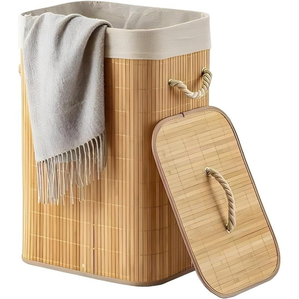 Cesto Roupa Bambu Retangular Redondo Com Tampa Cesto Oraganizador Roupa Suja Alças Banheiro Bege