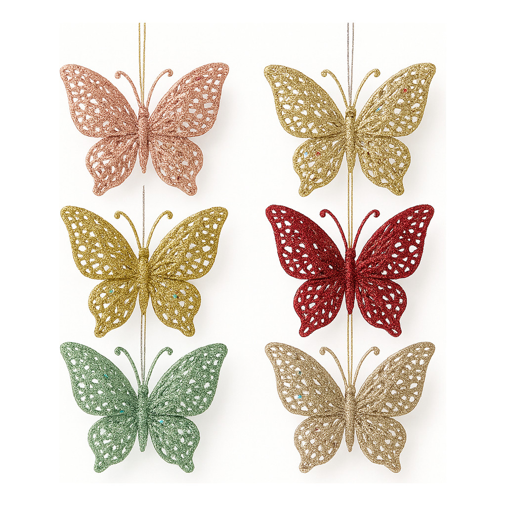 Kit 6 Borboletas Decorativa Glitter Enfeite Árvore Natal