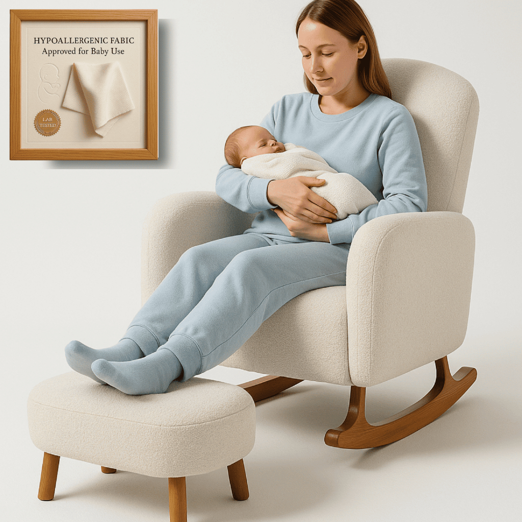 Poltrona de Amamentação Orgânica – Poltrona Balanço Decorativa Boucle Com Puff Para Descanso De Pés