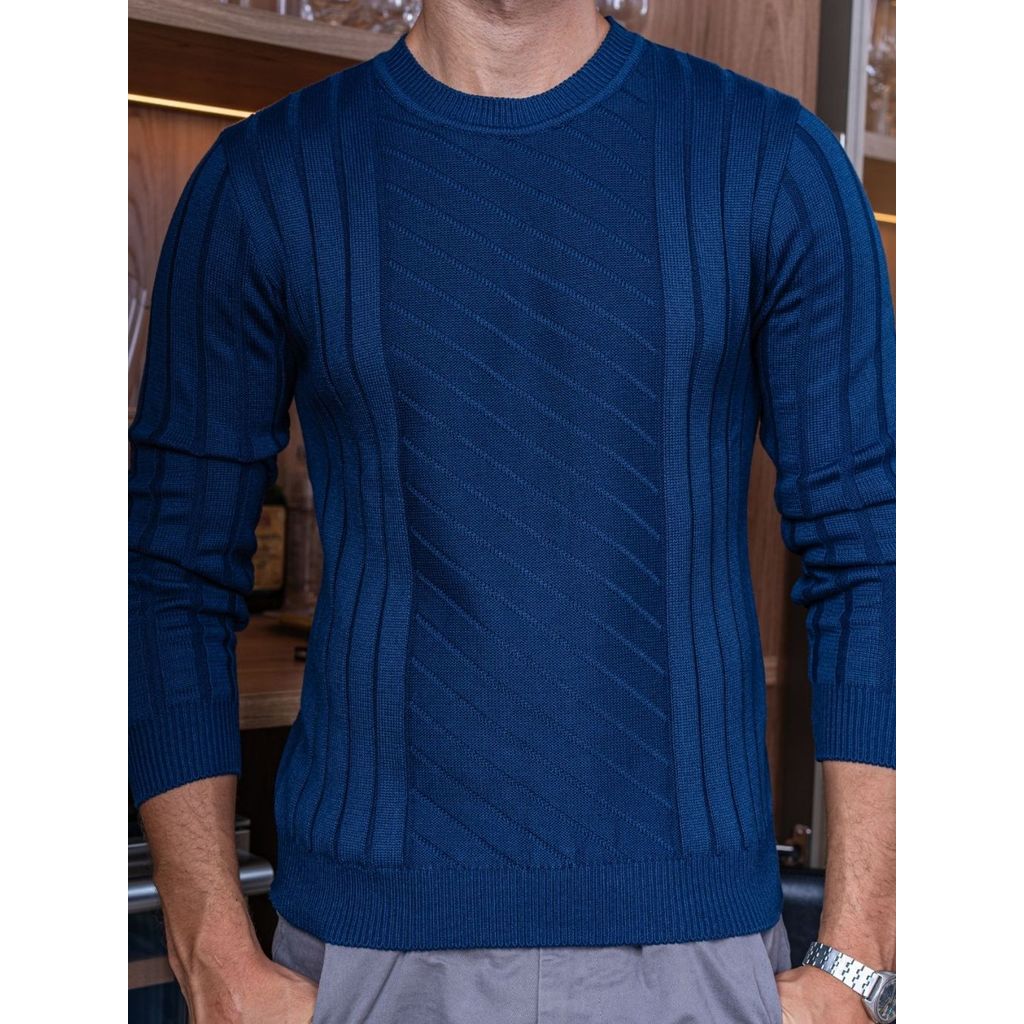 Blusa de Tricot Masculina Sueter Gola Careca Detalhe Canelado Moda Inverno