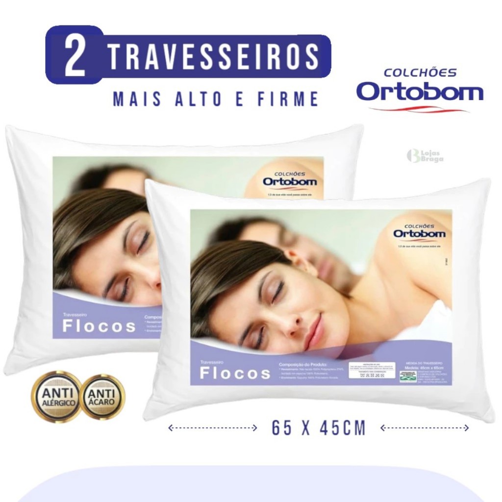 Kit 2 Travesseiro Original Ortobom Firme e alto TNT 40x60cm Antialérgico antiácaro Flocos de espuma