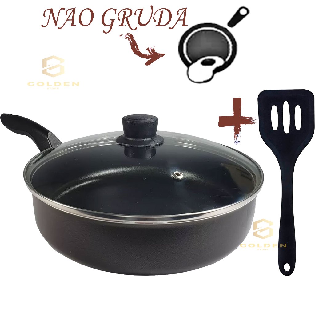 Frigideira Alta 18 cm Antiaderente Teflon com Tampa de Vidro e Espátula Cor Grafite