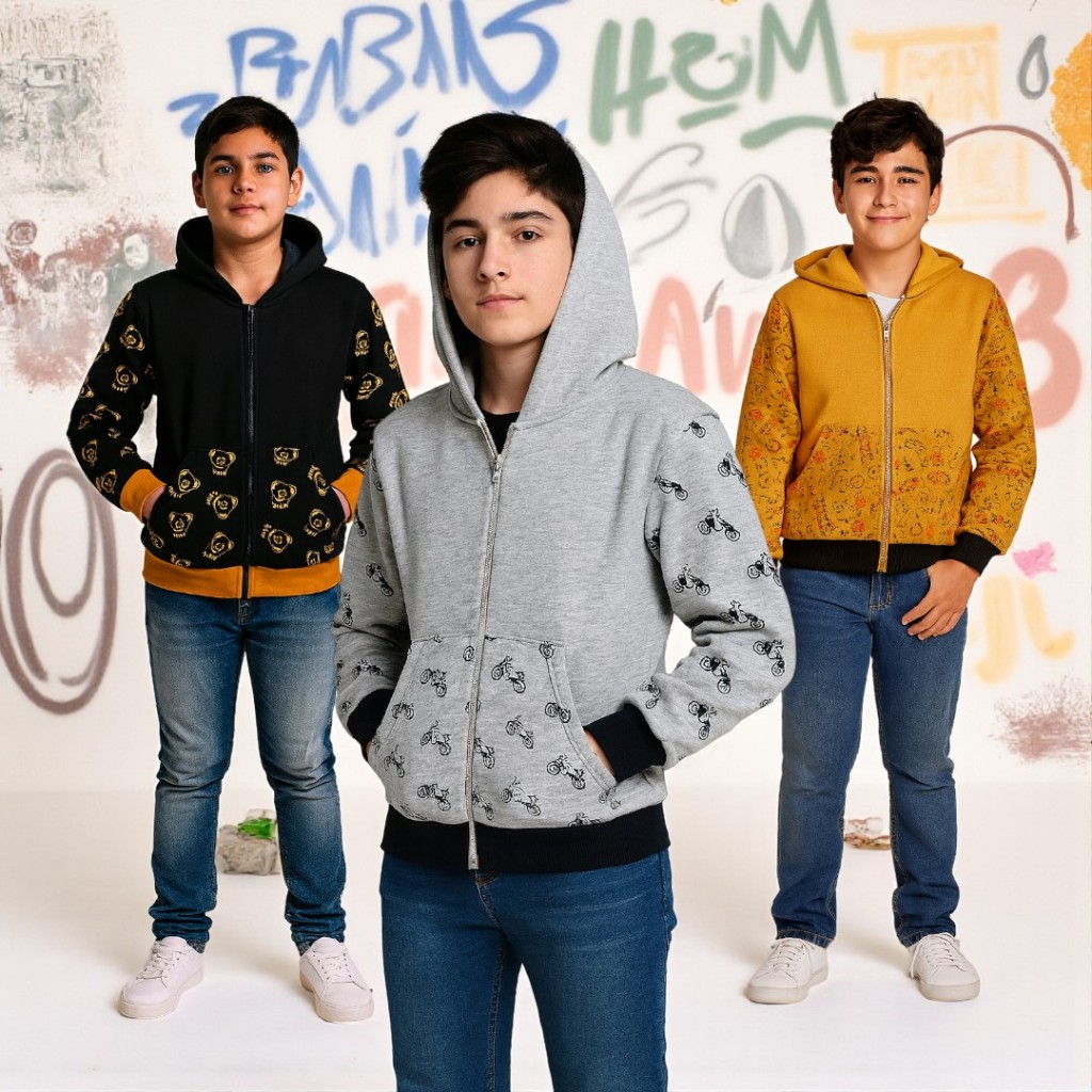 Jaqueta Infantil Masculina Estampada Com Bolso Zíper E Capuz
