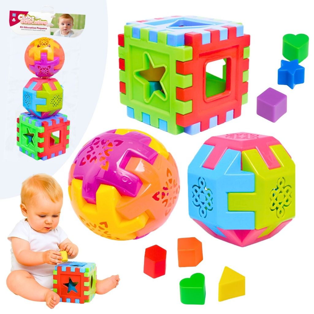 Kit Brinquedo Educativo Cubo Bola Didática Infantil Peça Colorido Encaixe Geométricos Pedagógico