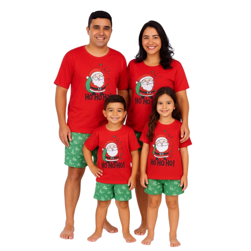Kit Pijama Familia Natalino Combinados Tal Pai Mae Filho Filha Curto Verão Short e Camisa ou Regata