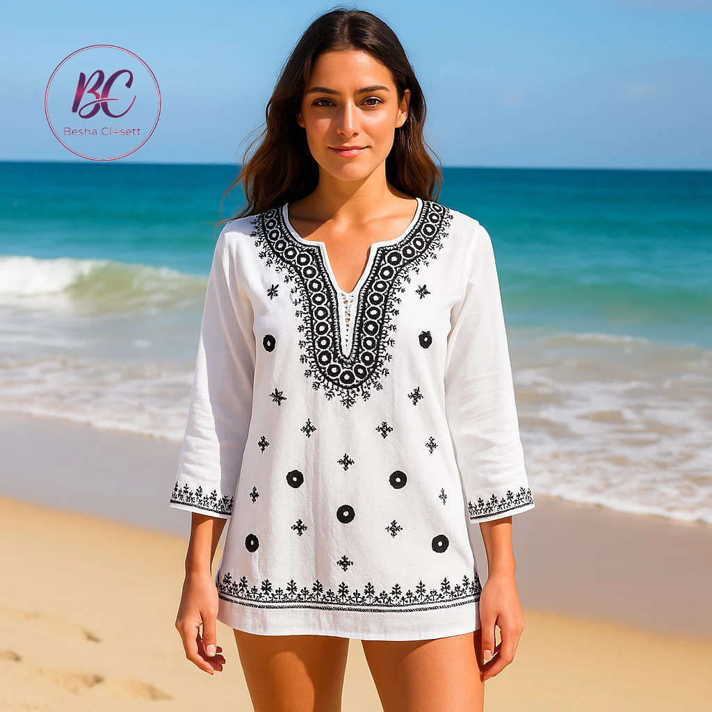 Bata Blusa Soltinha Índia Algodão Praia Branca Detalhes Bordada Preta Tam P M G ÚLTIMAS UNIDADES