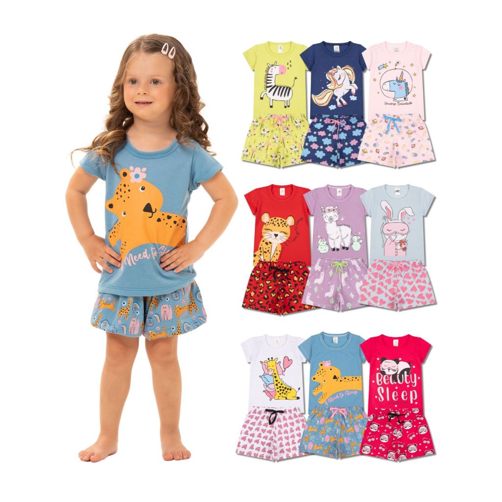 Kits de 4 ou 8 Peças de Pijamas Curto Infantil para Bebê Meninas Confortáveis e Cheios de Estilo Pij