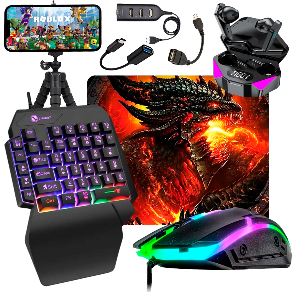 Kit Mobilador Teclado Uma Mão + Fone De Ouvido Gamer + Mouse RGB + Mousepad + 2 Otg Micro e Tipo C