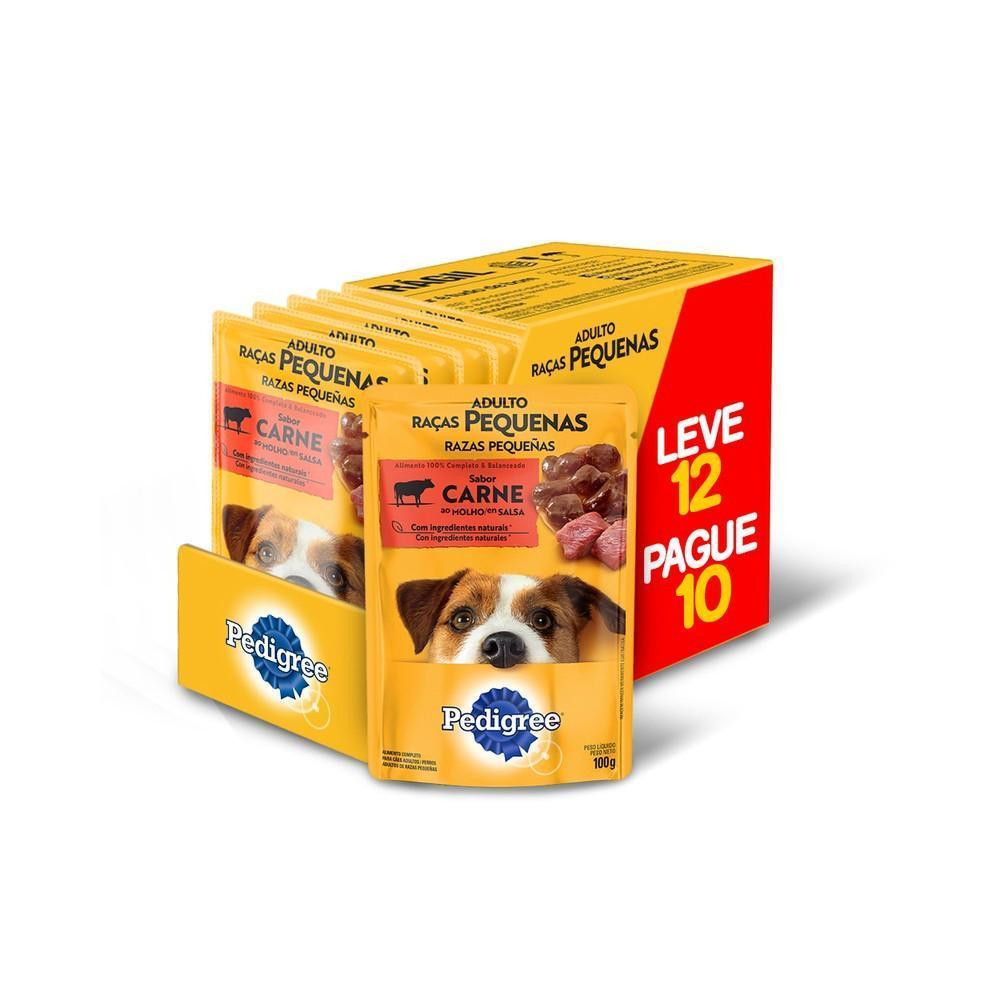 Pedigree Ração Úmida Sachê 100g Carne ao Molho Cães Adultos Raças Pequenas 12 Unidades