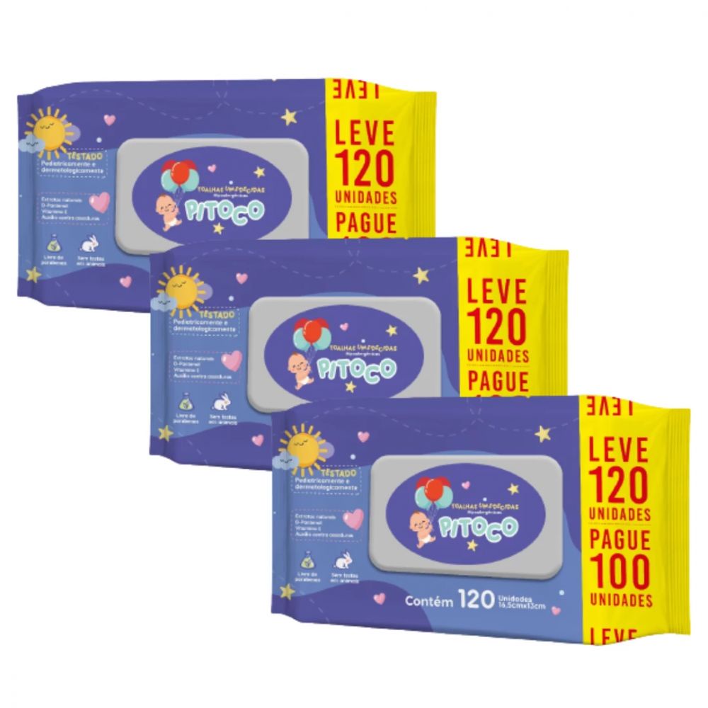 Kit com 3 Pitoco Toalhas Umedecidas/Lenços 120 Unidades Chams