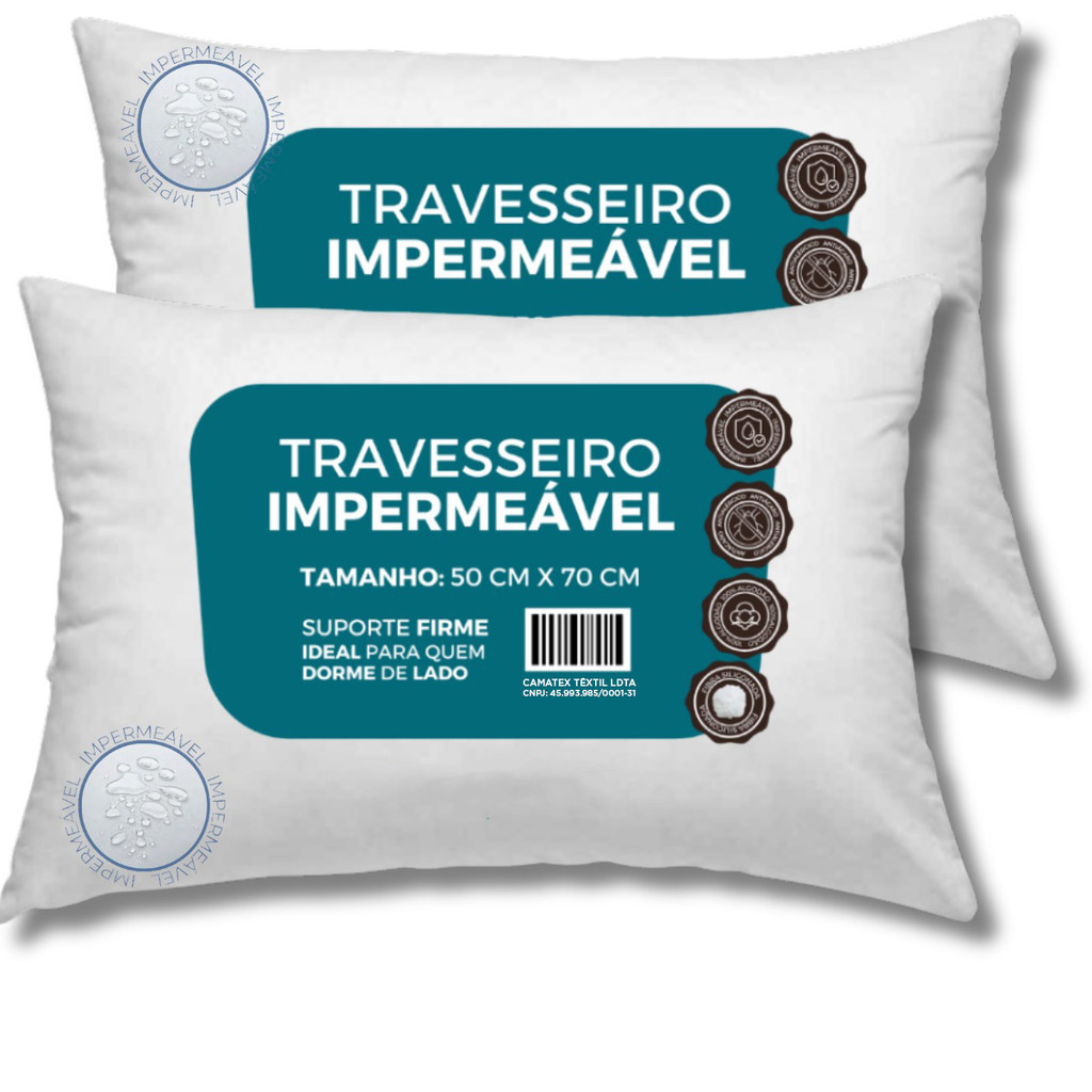 Kit 2 Travesseiros Antialérgico Impermeável 50×70 Suporte Firme Fibra Siliconada percal 100% Algodão