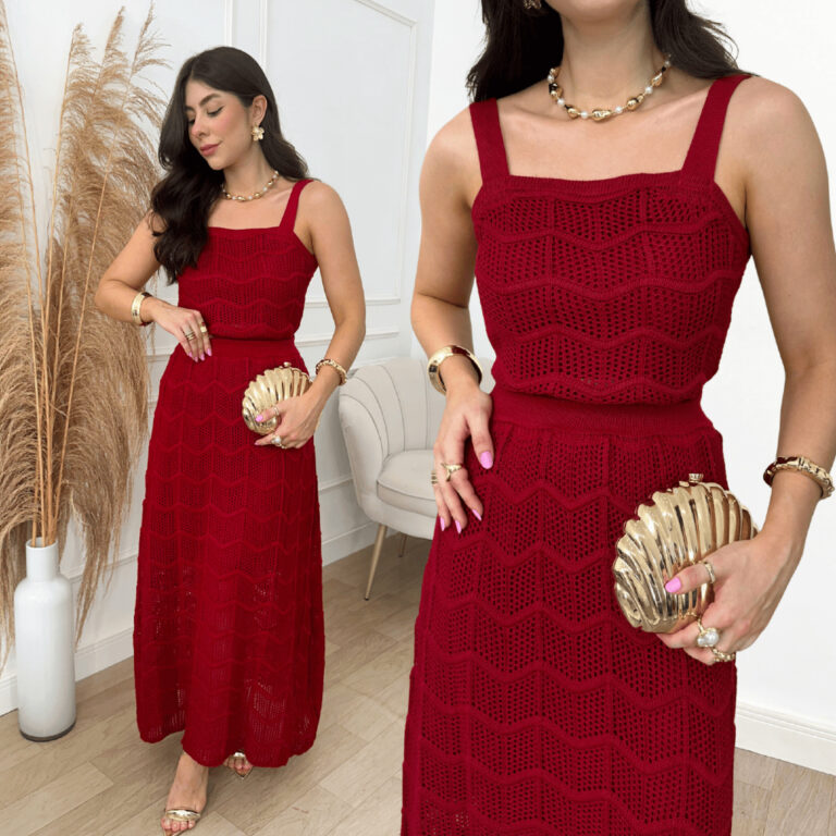 Conjunto Longo Saia Cropped Feminino Tricot Rendad