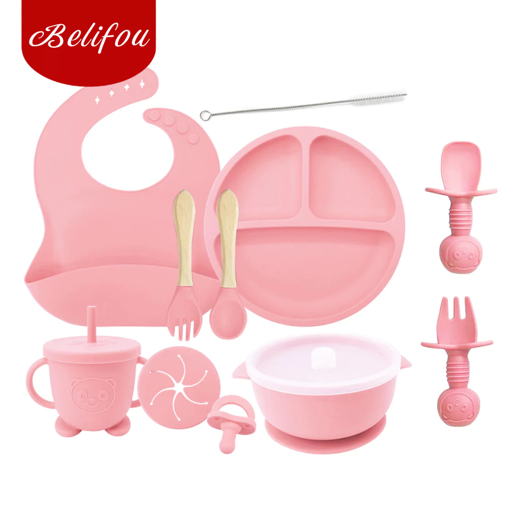 Belifou Talheres bebê silicone Kit 11 kit Talheres Infantil Com Ventosa Canudo Colher Babador Garfo