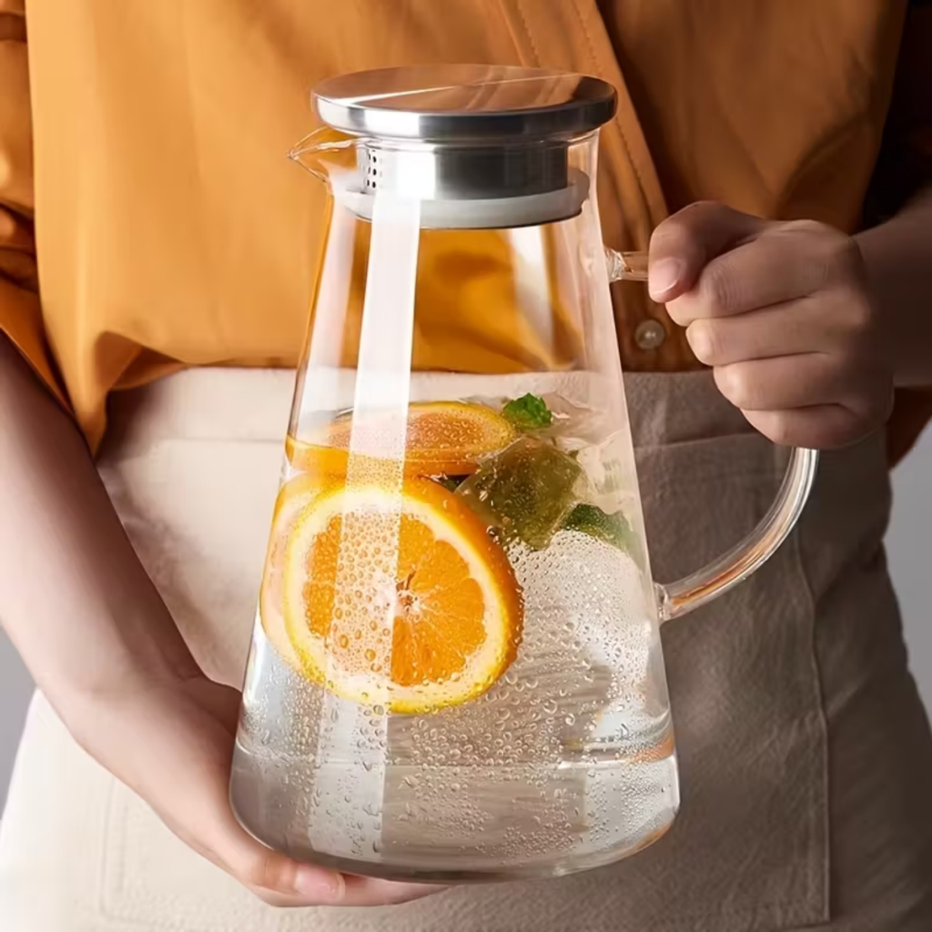Jarra de Vidro 1,8L Borossilicato Transparente com Tampa Inox Linha Mesa Posta Jarra de Suco Geladei