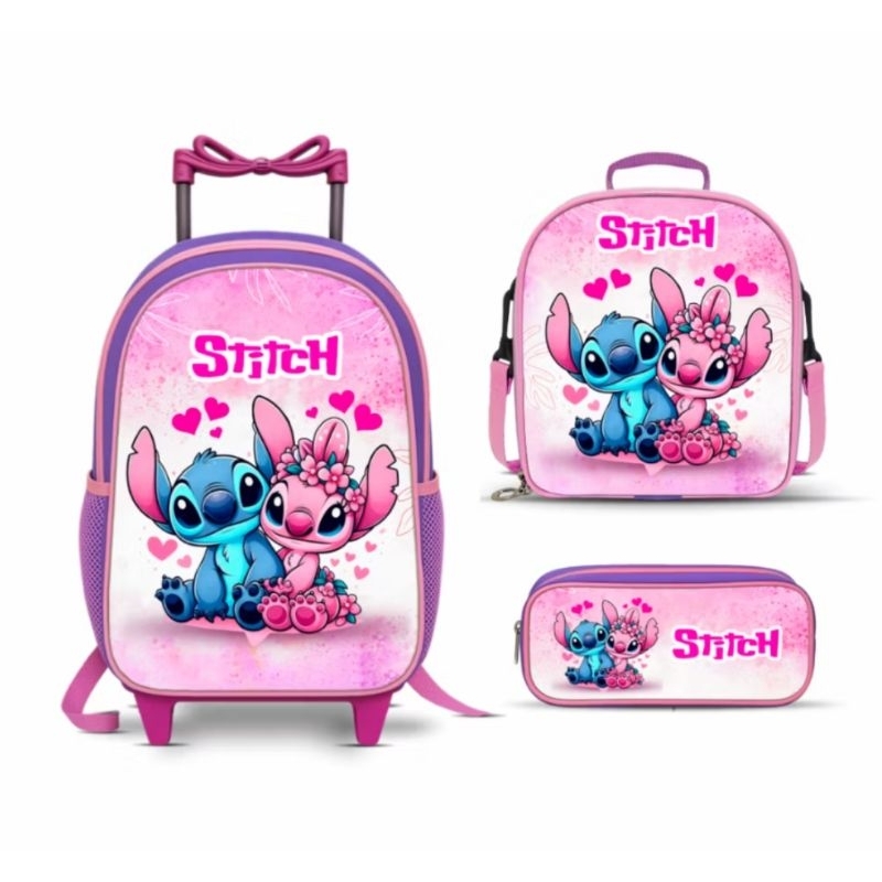 Kit mochila escolar Stitch Rosa com lancheira e Estojo – carrinho com Rodinhas – Menina – feminino