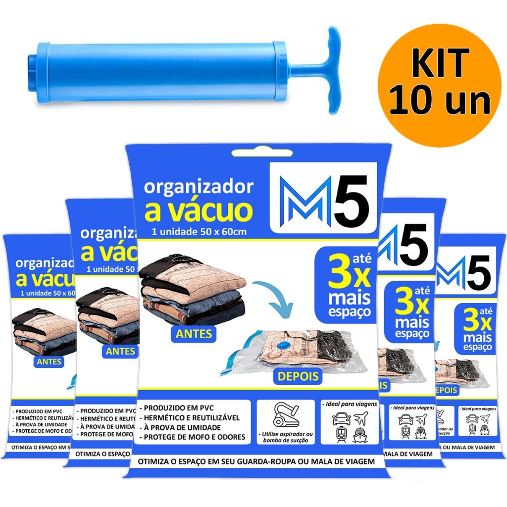 Kit Saco a Vácuo 50x60cm Organizador Hermético de Roupas Mala de Viagem Guarda Roupa + Bomba