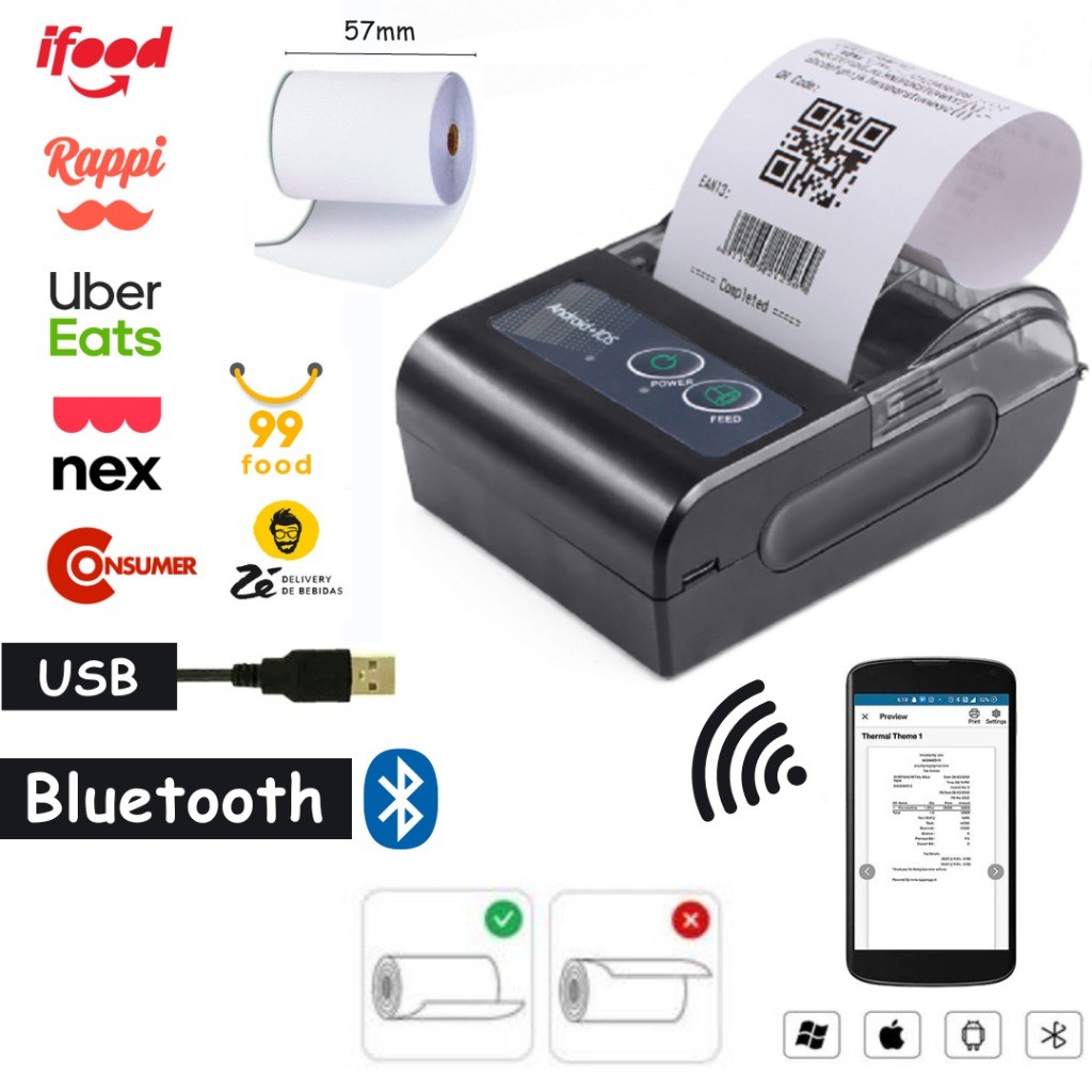Mini Impressora Térmica Portátil com Bluetooth 58mm