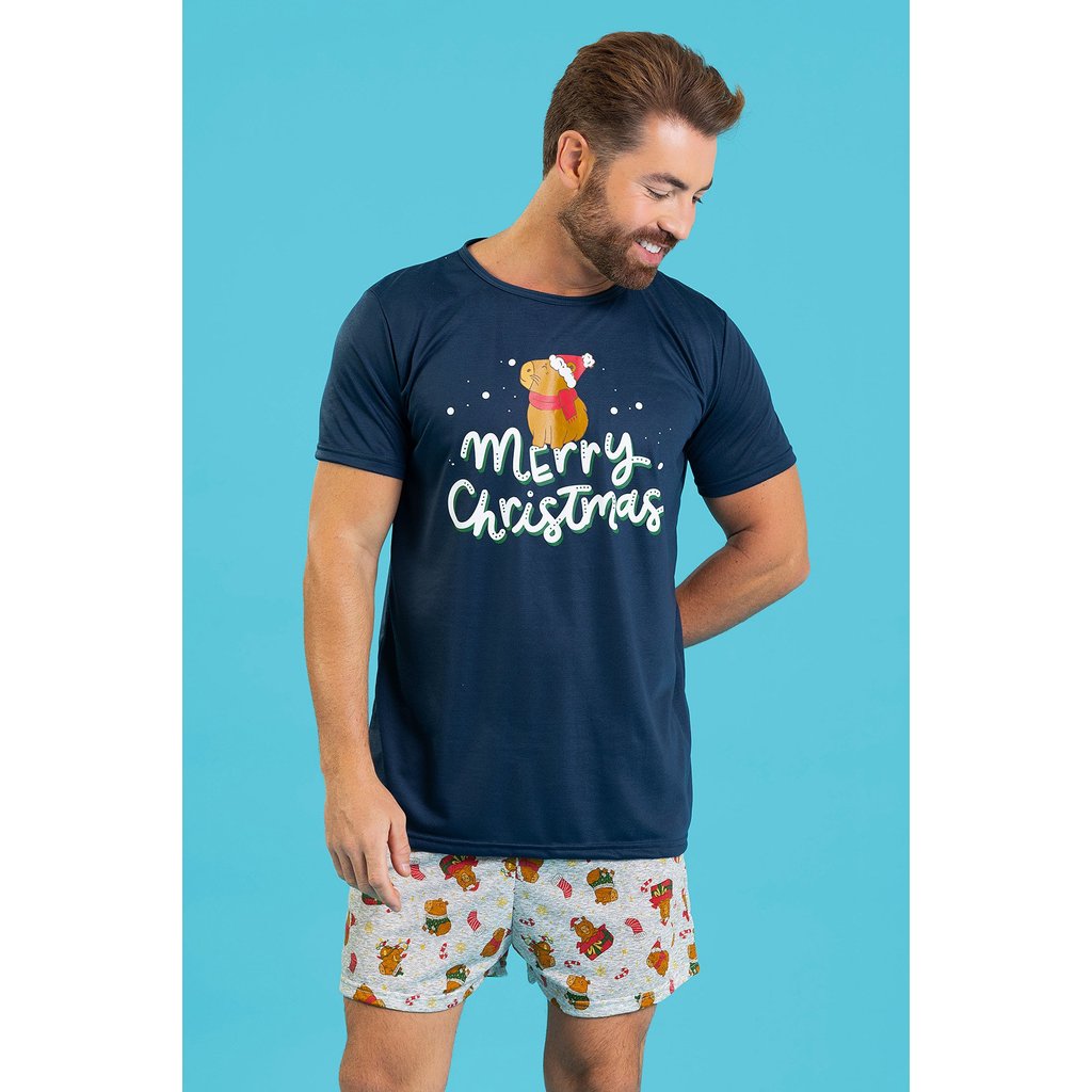Pijama Masculino Merry Christmas Capivara Natal Manga Curta Shorts Verão Confortável