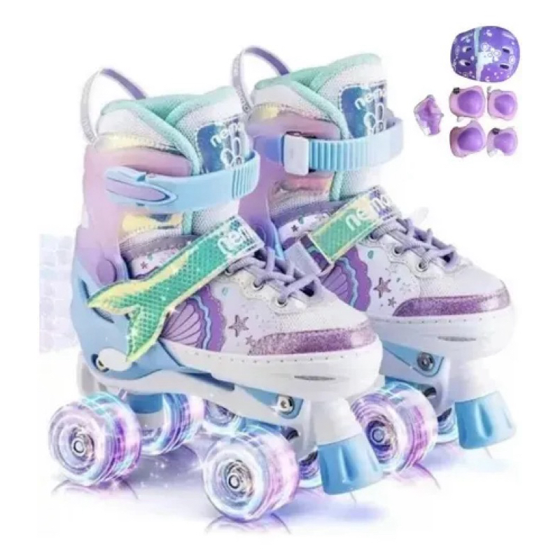 Patins Infantil 4 Rodas Ajustavel com luz de led Sereia Lilás ou Rosa + Kit Proteção…..