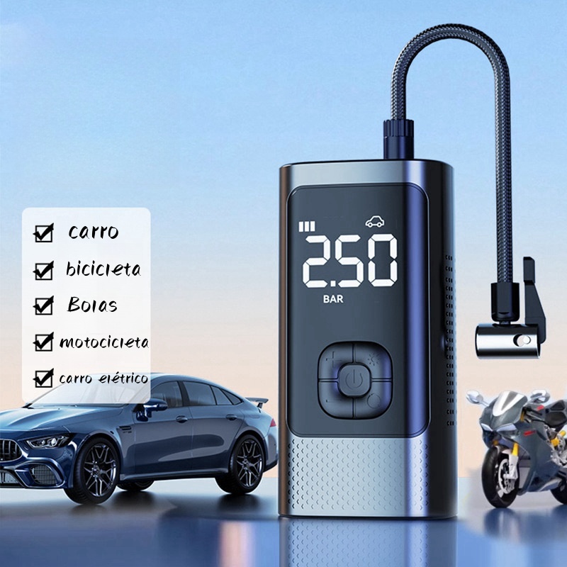 Mini Compressor de Ar Sem Fio 4000mAh | Inflador Pneu Carro Moto Bike Digital LED Automático M6