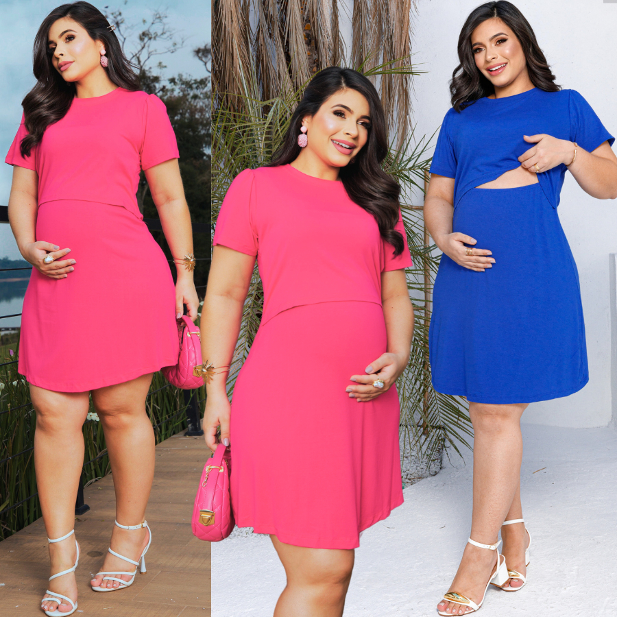 Vestido Gestante Grávida Elegante Amamentação Saida da Maternidade Soltinho Roupa Pós Parto Mamãe