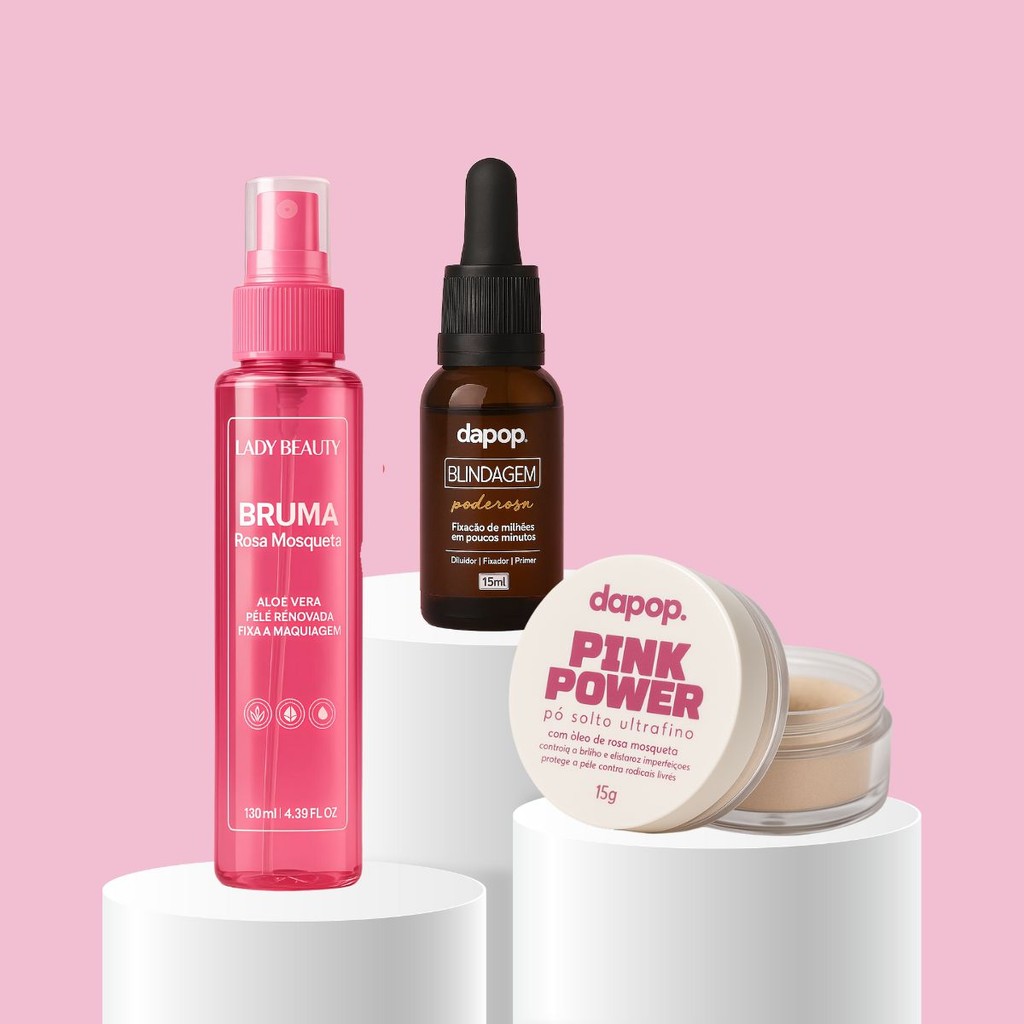 Kit Blindagem Dapop, Bruma Rosa Mosqueta Lady Beauty e Pó Pink Power Dapop Preparação e Finalização