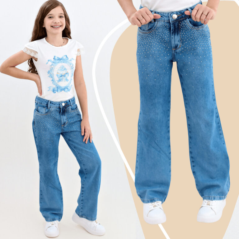 Calca Wide Leg Jeans Feminina com Strass Brilho Me