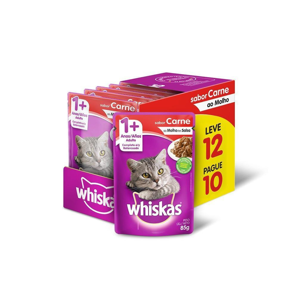 Ração Úmida Sachê 85g Carne ao Molho para Gatos Adultos 12 unidades Whiskas